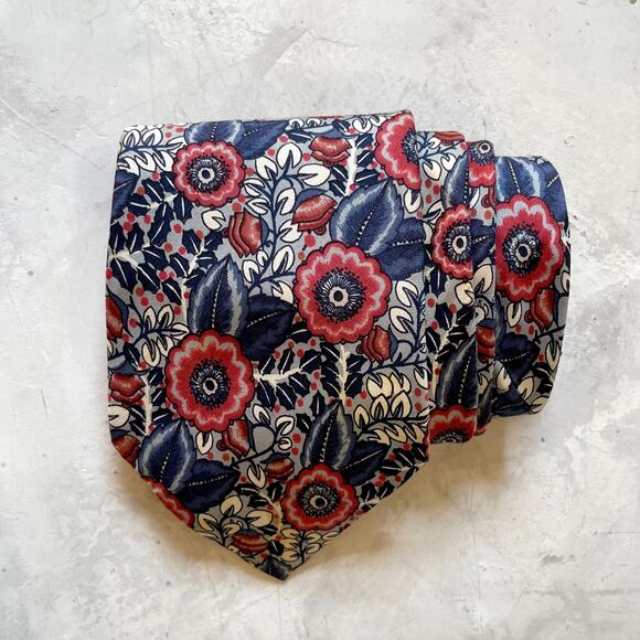 Vintage 70s 80s Pierre Cardin 100% Silk Floral Blue Red Neck Tie 56" Bullocks - Picture 1 of 5